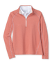 Women's Anza Quarter Zip in Cedar, flat lay front view featuring a solid cedar heather quarter zip with white contrast stitching detail and white collar interior