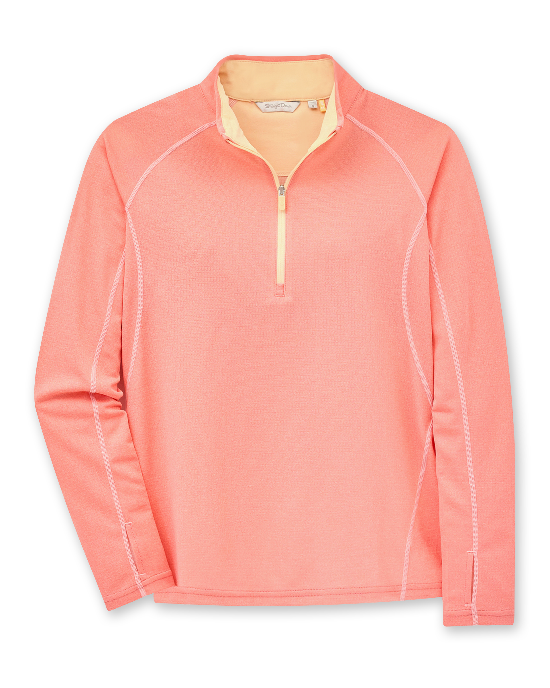 Women's Anza Quarter Zip in Grapefruit, flat lay front view featuring a coral-pink heathered quarter-zip pullover with contrast peach collar interior, raglan seaming, and thumbhole cuffs