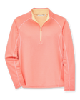 Women's Anza Quarter Zip in Grapefruit, flat lay front view featuring a coral-pink heathered quarter-zip pullover with contrast peach collar interior, raglan seaming, and thumbhole cuffs