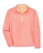 Women's Anza Quarter Zip in Grapefruit, flat lay front view featuring a coral-pink heathered quarter-zip pullover with contrast peach collar interior, raglan seaming, and thumbhole cuffs