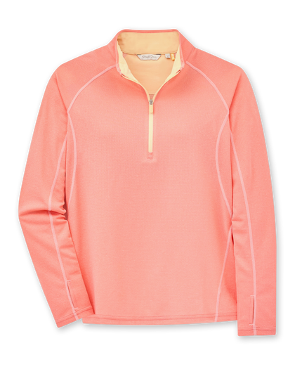 Women's Anza Quarter Zip in Grapefruit, flat lay front view featuring a coral-pink heathered quarter-zip pullover with contrast peach collar interior, raglan seaming, and thumbhole cuffs