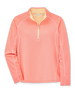 Women's Anza Quarter Zip in Grapefruit, flat lay front view featuring a coral-pink heathered quarter-zip pullover with contrast peach collar interior, raglan seaming, and thumbhole cuffs