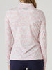 Alabama Quarter Zip in Flamingo, back model view featuring a white long-sleeve pullover with an allover pink floral and grey leaf print and Straight Down logo at the upper back neckline, paired with navy pants