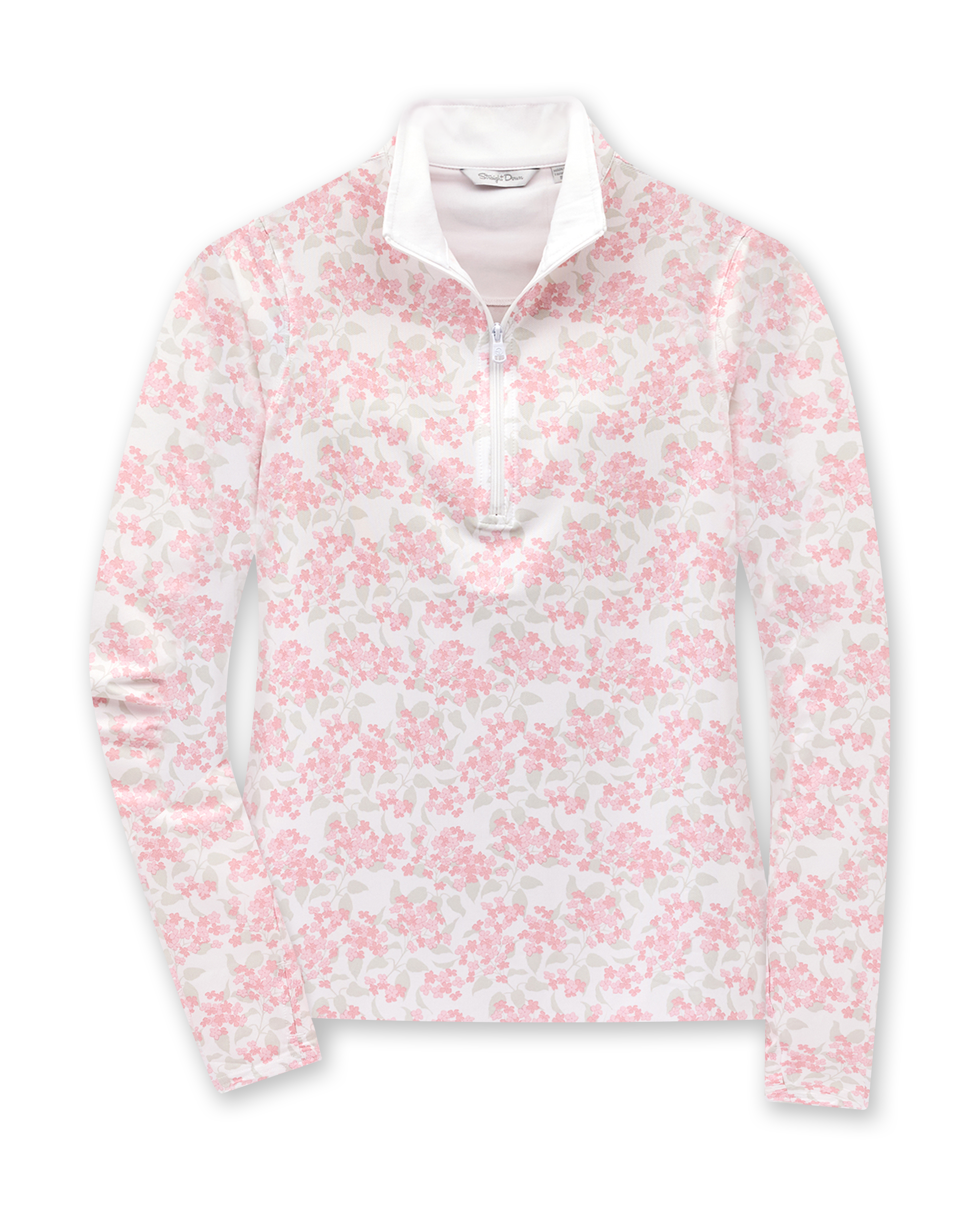 Alabama Quarter Zip in Flamingo, flat lay front view featuring a white long-sleeve pullover with an allover pink floral and grey leaf print, quarter zip, and white mock neck collar