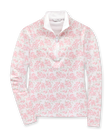 Alabama Quarter Zip in Flamingo, flat lay front view featuring a white long-sleeve pullover with an allover pink floral and grey leaf print, quarter zip, and white mock neck collar