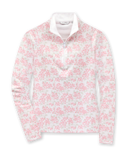 Alabama Quarter Zip in Flamingo, flat lay front view featuring a white long-sleeve pullover with an allover pink floral and grey leaf print, quarter zip, and white mock neck collar