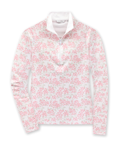 Alabama Quarter Zip in Flamingo, flat lay front view featuring a white long-sleeve pullover with an allover pink floral and grey leaf print, quarter zip, and white mock neck collar