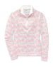 Alabama Quarter Zip in Flamingo, flat lay front view featuring a white long-sleeve pullover with an allover pink floral and grey leaf print, quarter zip, and white mock neck collar
