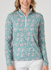 Women's Ava Quarter Zip in Sea Green, front model close-up view featuring a teal long-sleeve pullover with an all-over pink floral vine print, a quarter-zip closure, and a white interior collar lining