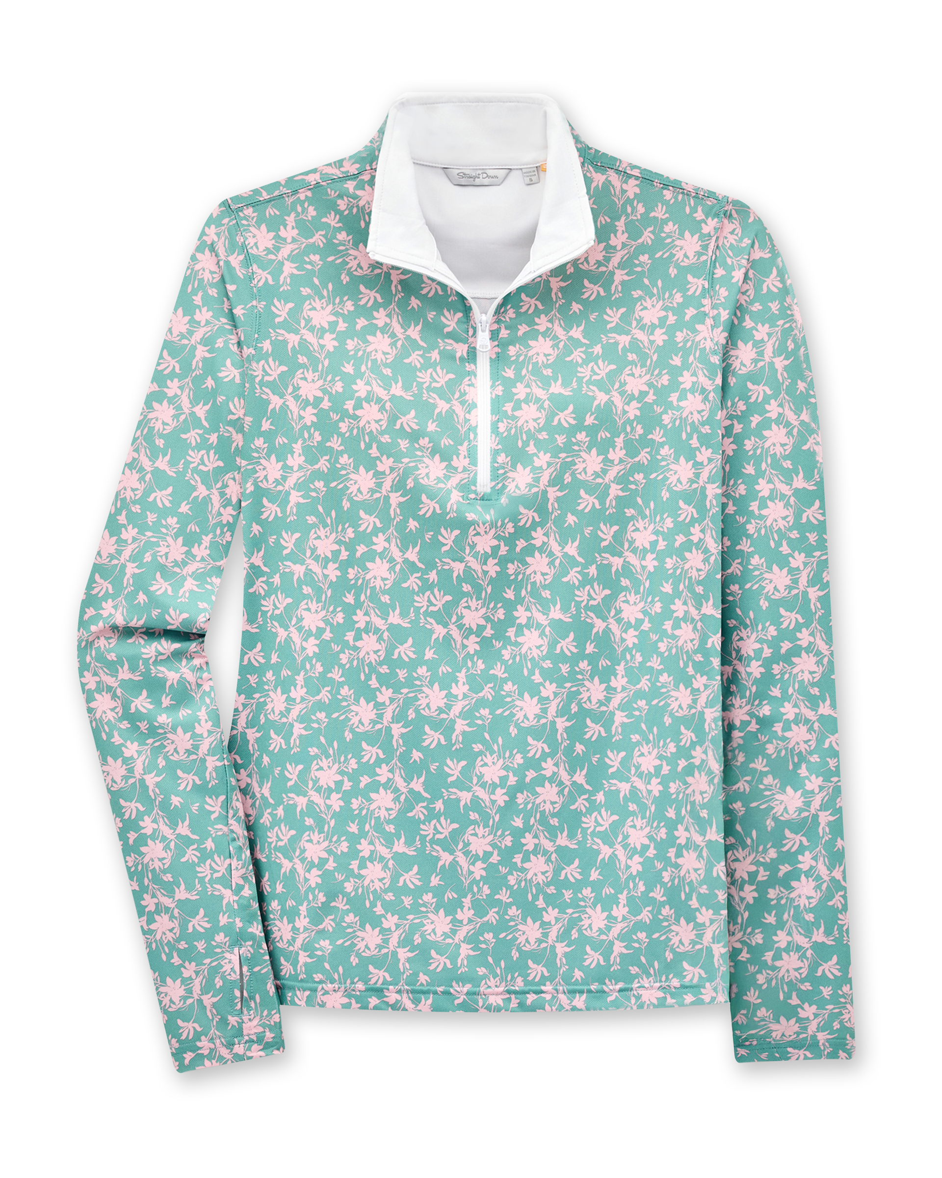 Women's Ava Quarter Zip in Sea Green, flat lay front view featuring a teal quarter-zip pullover with an allover pink floral vine print, contrast white collar interior, and thumbhole cuffs
