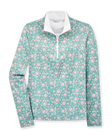 Women's Ava Quarter Zip in Sea Green, flat lay front view featuring a teal quarter-zip pullover with an allover pink floral vine print, contrast white collar interior, and thumbhole cuffs