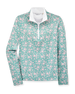 Women's Ava Quarter Zip in Sea Green, flat lay front view featuring a teal quarter-zip pullover with an allover pink floral vine print, contrast white collar interior, and thumbhole cuffs