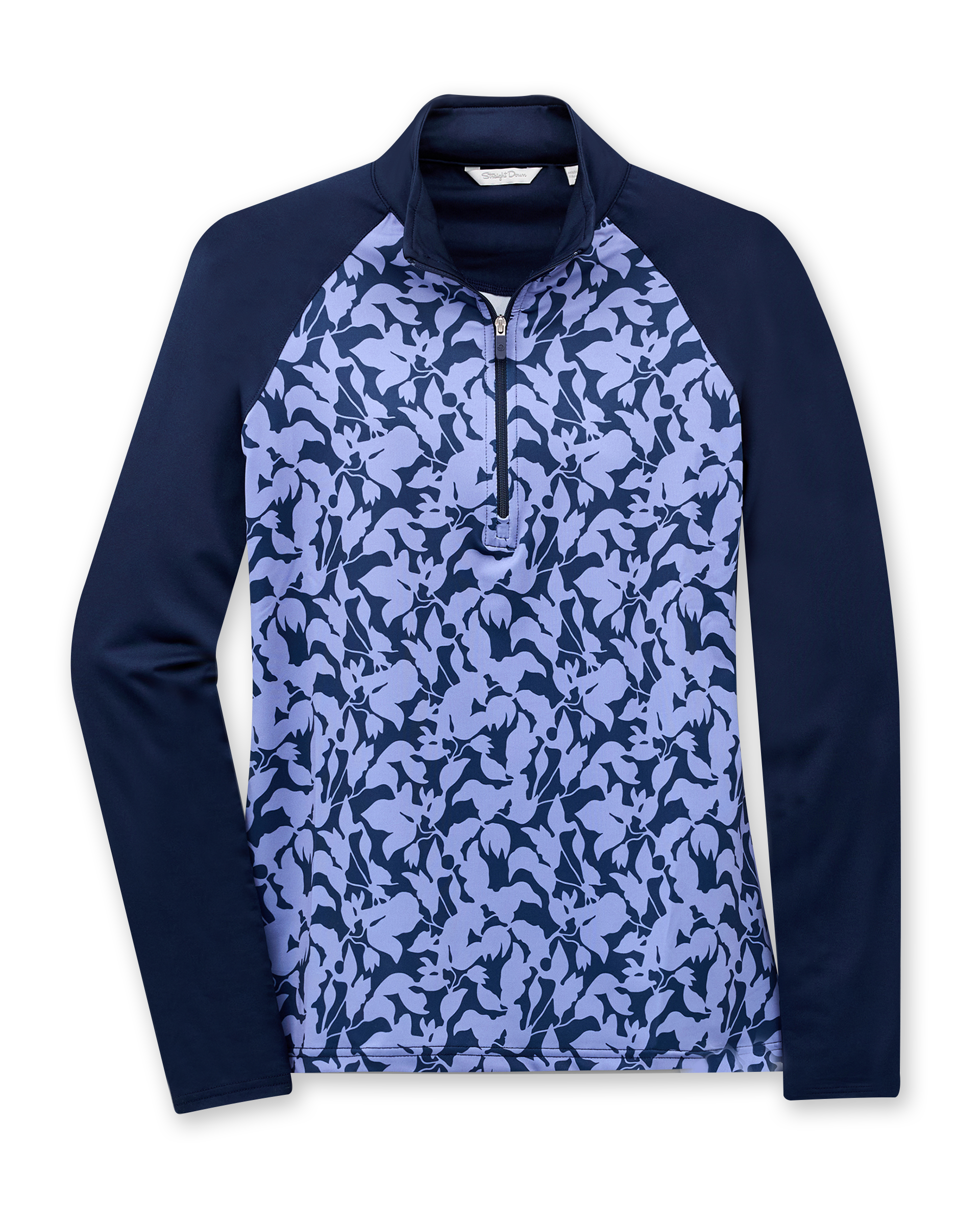 Mabel Quarter Zip in New Indigo, flat lay front view featuring a long-sleeve pullover with an allover navy and blue abstract floral print body, solid navy raglan sleeves, quarter zip, and navy mock neck collar