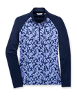 Mabel Quarter Zip in New Indigo, flat lay front view featuring a long-sleeve pullover with an allover navy and blue abstract floral print body, solid navy raglan sleeves, quarter zip, and navy mock neck collar