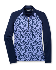 Mabel Quarter Zip in New Indigo, flat lay front view featuring a long-sleeve pullover with an allover navy and blue abstract floral print body, solid navy raglan sleeves, quarter zip, and navy mock neck collar