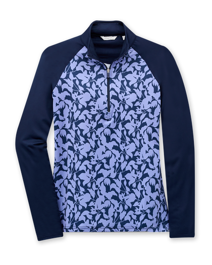 Mabel Quarter Zip in New Indigo, flat lay front view featuring a long-sleeve pullover with an allover navy and blue abstract floral print body, solid navy raglan sleeves, quarter zip, and navy mock neck collar