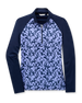 Mabel Quarter Zip in New Indigo, flat lay front view featuring a long-sleeve pullover with an allover navy and blue abstract floral print body, solid navy raglan sleeves, quarter zip, and navy mock neck collar