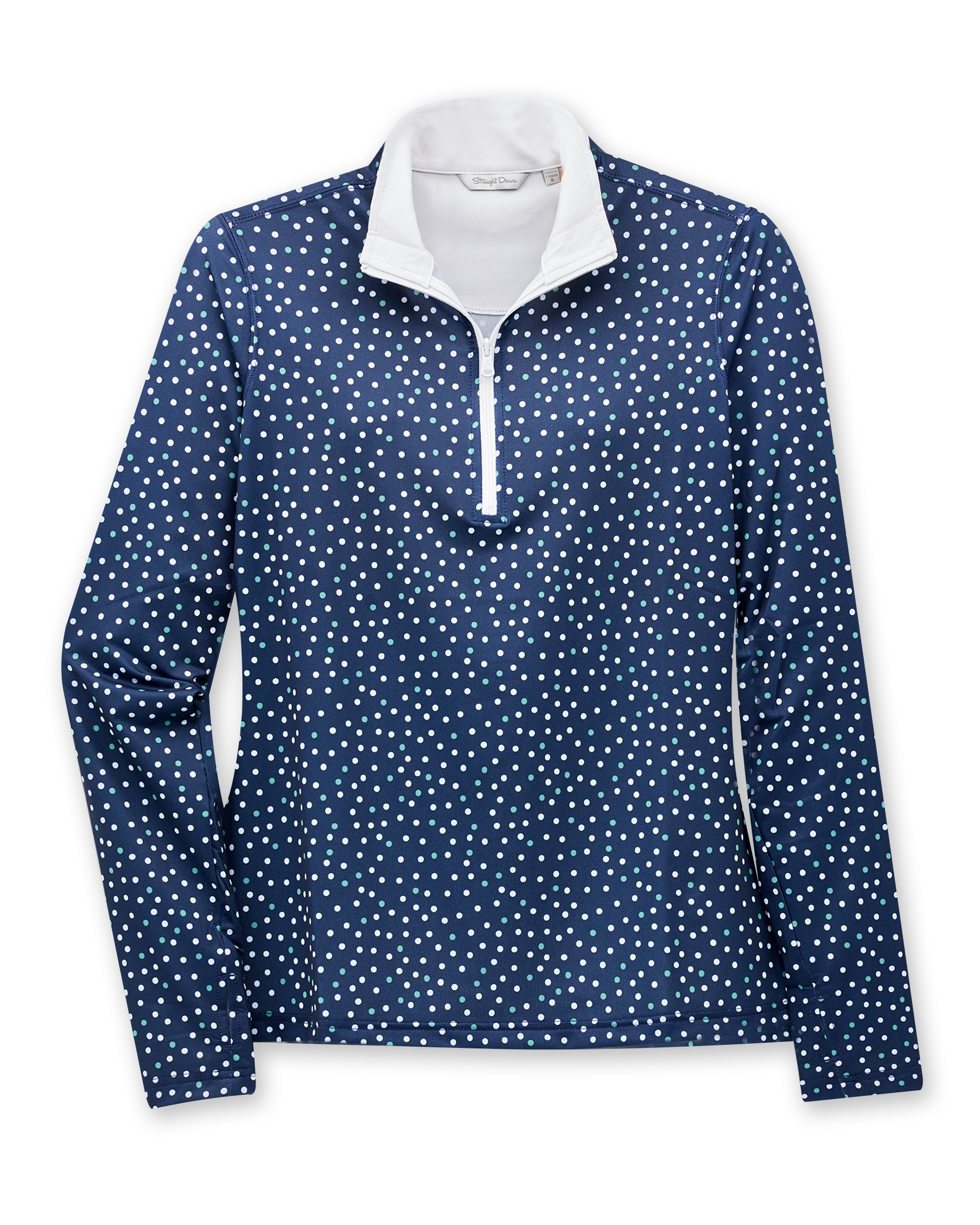 Women's Galaxy Quarter Zip in New Indigo, flat lay front view featuring an allover scattered polka dot print in white and teal on a navy base with a quarter zip closure and stand-up collar