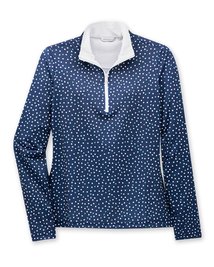 Women's Galaxy Quarter Zip in New Indigo, flat lay front view featuring an allover scattered polka dot print in white and teal on a navy base with a quarter zip closure and stand-up collar