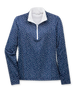 Women's Galaxy Quarter Zip in New Indigo, flat lay front view featuring an allover scattered polka dot print in white and teal on a navy base with a quarter zip closure and stand-up collar