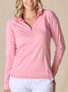 Women's Witney Quarter Zip in Dragonfruit, on-model front view featuring a pink micro houndstooth print long sleeve pullover with a quarter zip closure and mock neck collar worn with white pants
