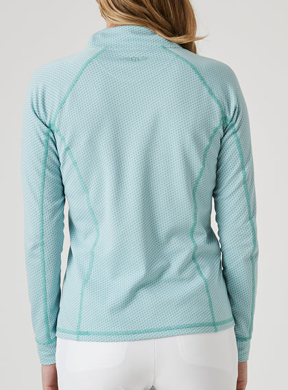 Witney Quarter Zip in Sea Green, back view on model featuring a light aqua and white houndstooth print with contrast green stitching and center back seam detail