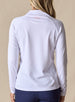 Women's Ellen Quarter Zip in White, back view on model featuring a white textured performance fabric with raglan sleeve construction and blush pink Straight Down logo at the upper back, paired with navy pants