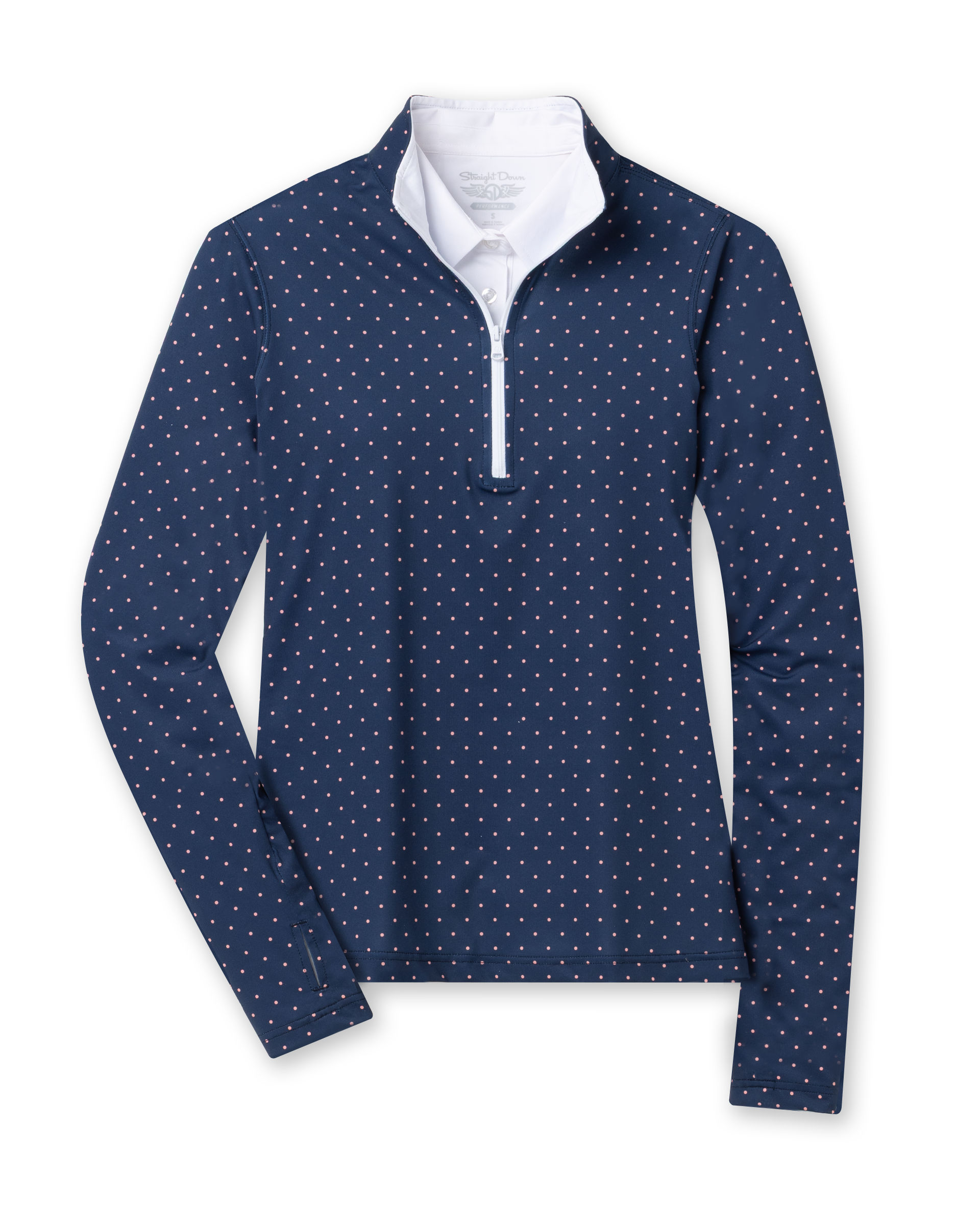Dottie Quarter Zip in Cedar, flat lay front view featuring a navy long-sleeve pullover with an allover pink polka dot print, quarter zip, and white mock neck collar with white interior lining