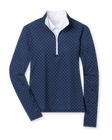 Dottie Quarter Zip in Cedar, flat lay front view featuring a navy long-sleeve pullover with an allover pink polka dot print, quarter zip, and white mock neck collar with white interior lining
