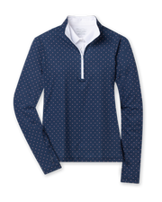 Dottie Quarter Zip in Cedar, flat lay front view featuring a navy long-sleeve pullover with an allover pink polka dot print, quarter zip, and white mock neck collar with white interior lining