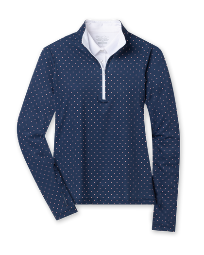 Dottie Quarter Zip in Cedar, flat lay front view featuring a navy long-sleeve pullover with an allover pink polka dot print, quarter zip, and white mock neck collar with white interior lining