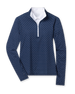Dottie Quarter Zip in Cedar, flat lay front view featuring a navy long-sleeve pullover with an allover pink polka dot print, quarter zip, and white mock neck collar with white interior lining