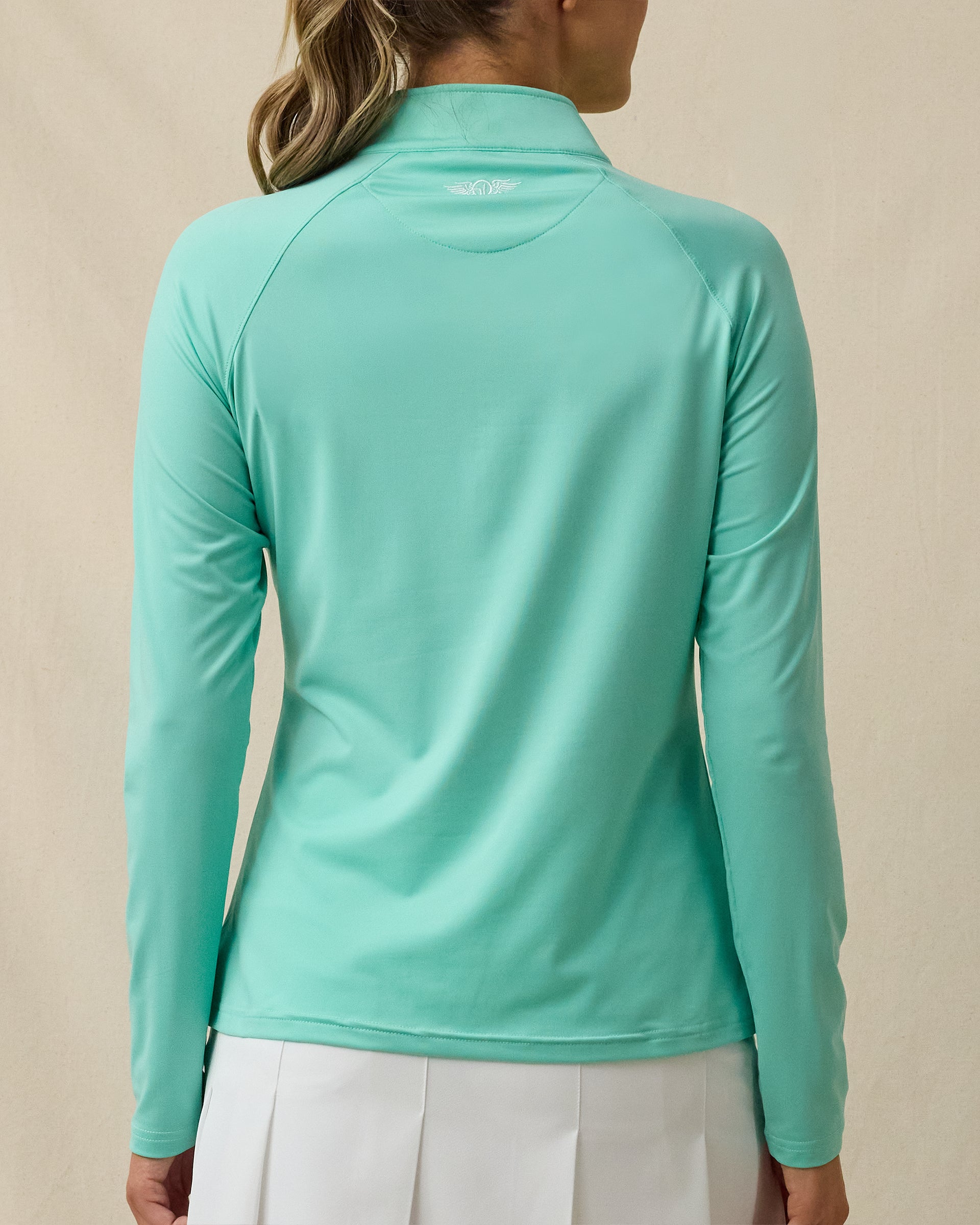 Clara Quarter Zip in Cascade Green, back view