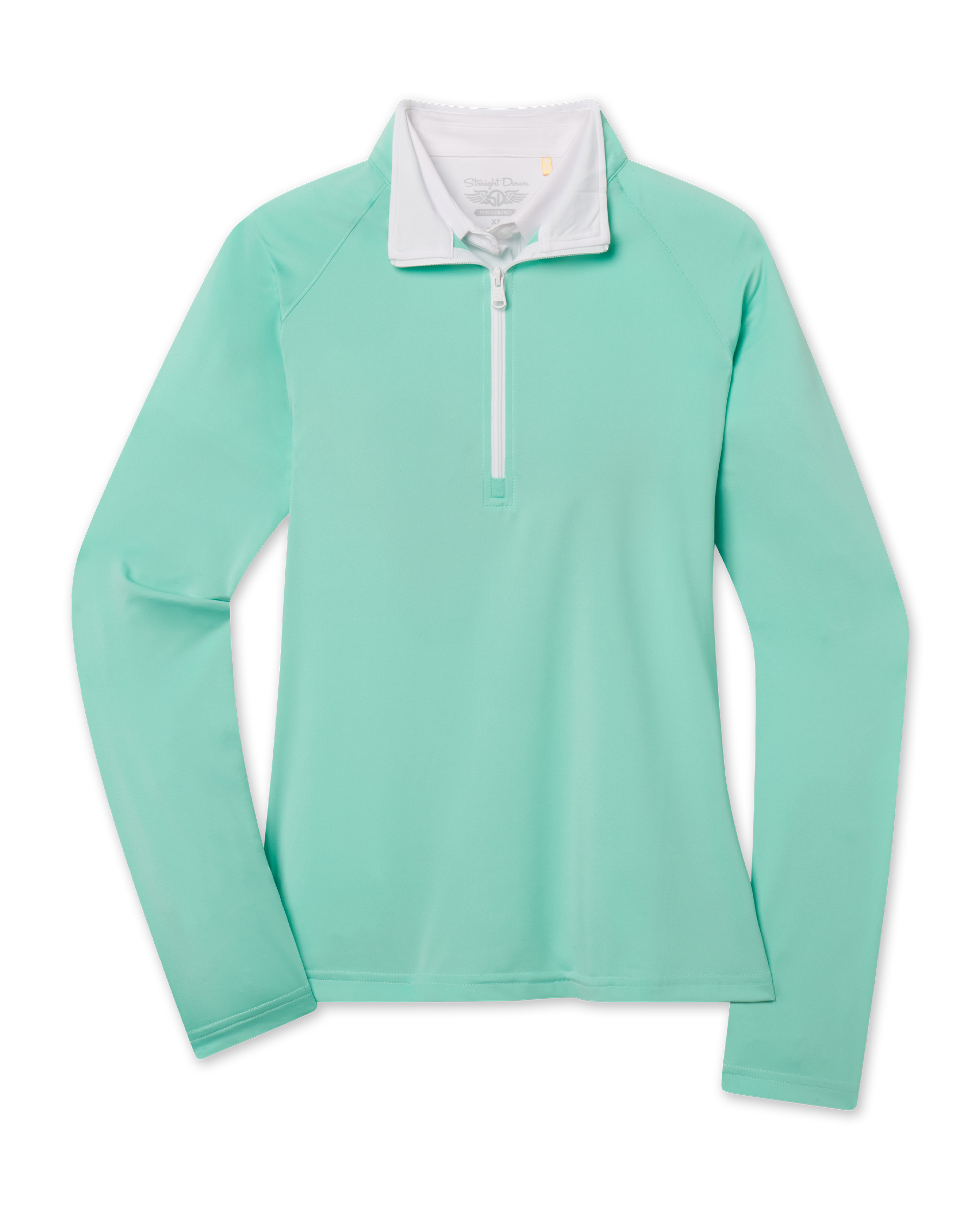 Clara Quarter Zip in Cascade with lightweight stretch fabric, white contrast collar, and quarter-zip front view