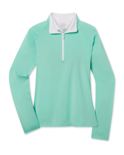 Clara Quarter Zip in Cascade with lightweight stretch fabric, white contrast collar, and quarter-zip front view