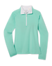 Clara Quarter Zip in Cascade with lightweight stretch fabric, white contrast collar, and quarter-zip front view