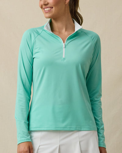 Clara Quarter Zip in Cascade Green, front model view