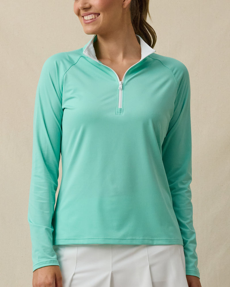 Clara Quarter Zip in Cascade Green, front model view