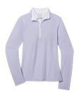 Clara Quarter Zip in Cosmic Blue featuring a pale blue hue, long raglan sleeves, and contrast white quarter-zip placket