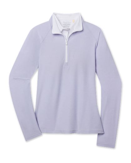 Clara Quarter Zip in Cosmic Blue featuring a pale blue hue, long raglan sleeves, and contrast white quarter-zip placket