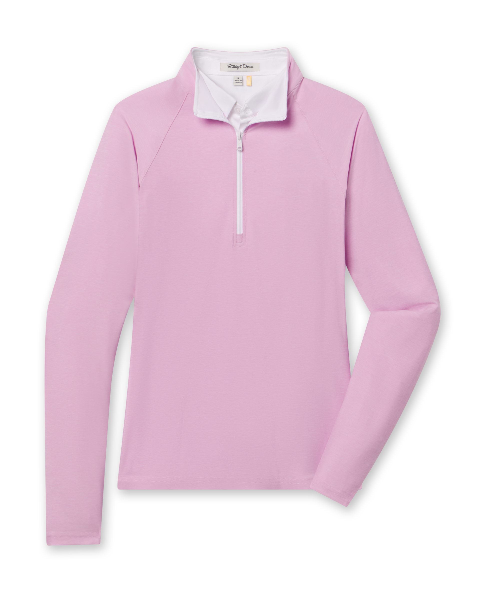 Women's Clara Quarter Zip in Pink Floyd, flat lay front view featuring a light lilac quarter-zip pullover with contrast white zip placket and raglan seaming