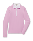 Women's Clara Quarter Zip in Pink Floyd, flat lay front view featuring a light lilac quarter-zip pullover with contrast white zip placket and raglan seaming