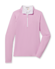 Women's Clara Quarter Zip in Pink Floyd, flat lay front view featuring a light lilac quarter-zip pullover with contrast white zip placket and raglan seaming
