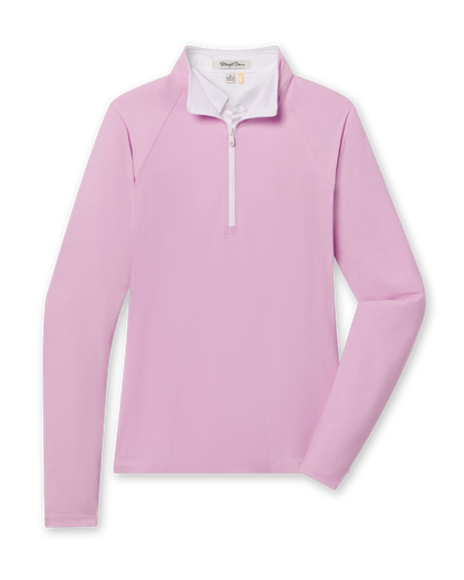 Women's Clara Quarter Zip in Pink Floyd, flat lay front view featuring a light lilac quarter-zip pullover with contrast white zip placket and raglan seaming
