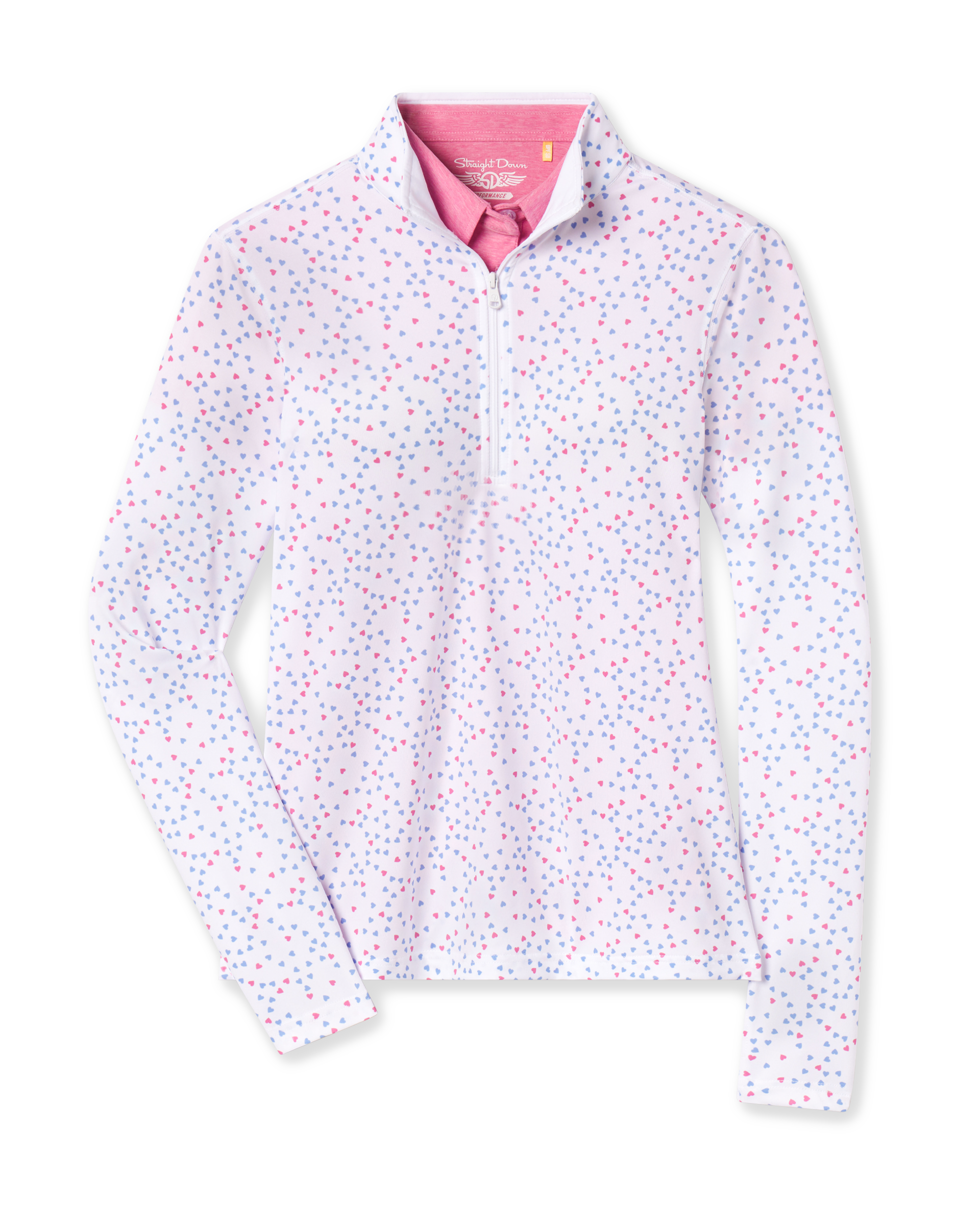 Women's Cupid Quarter Zip in Carolina, flat lay front view featuring a white quarter-zip pullover with an allover pink and lavender heart print