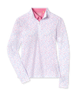Women's Cupid Quarter Zip in Carolina, flat lay front view featuring a white quarter-zip pullover with an allover pink and lavender heart print