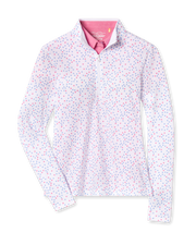 Women's Cupid Quarter Zip in Carolina, flat lay front view featuring a white quarter-zip pullover with an allover pink and lavender heart print