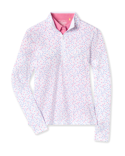 Women's Cupid Quarter Zip in Carolina, flat lay front view featuring a white quarter-zip pullover with an allover pink and lavender heart print