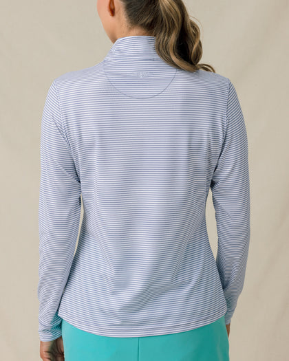 Women's Kiri Stripe Quarter Zip in Tidal Blue with lightweight striped fabric and long sleeves, back view