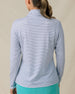 Women's Kiri Stripe Quarter Zip in Tidal Blue with lightweight striped fabric and long sleeves, back view